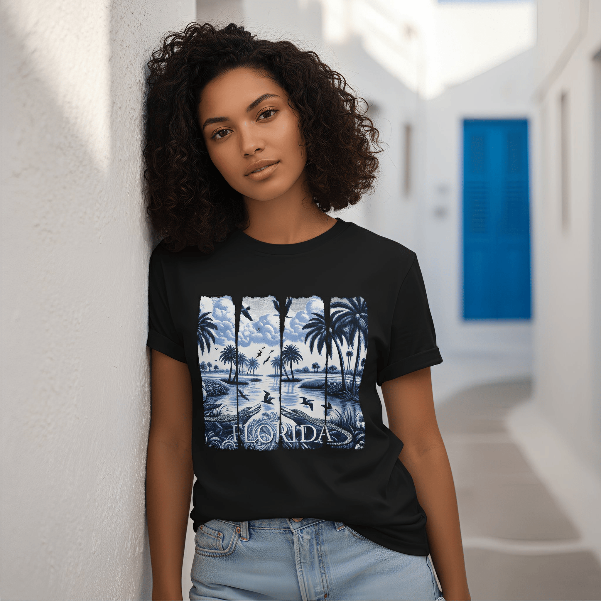 Blue Chinoise Brushstroke garment-dyed cotton t-shirt with relaxed fit and artistic coastal design