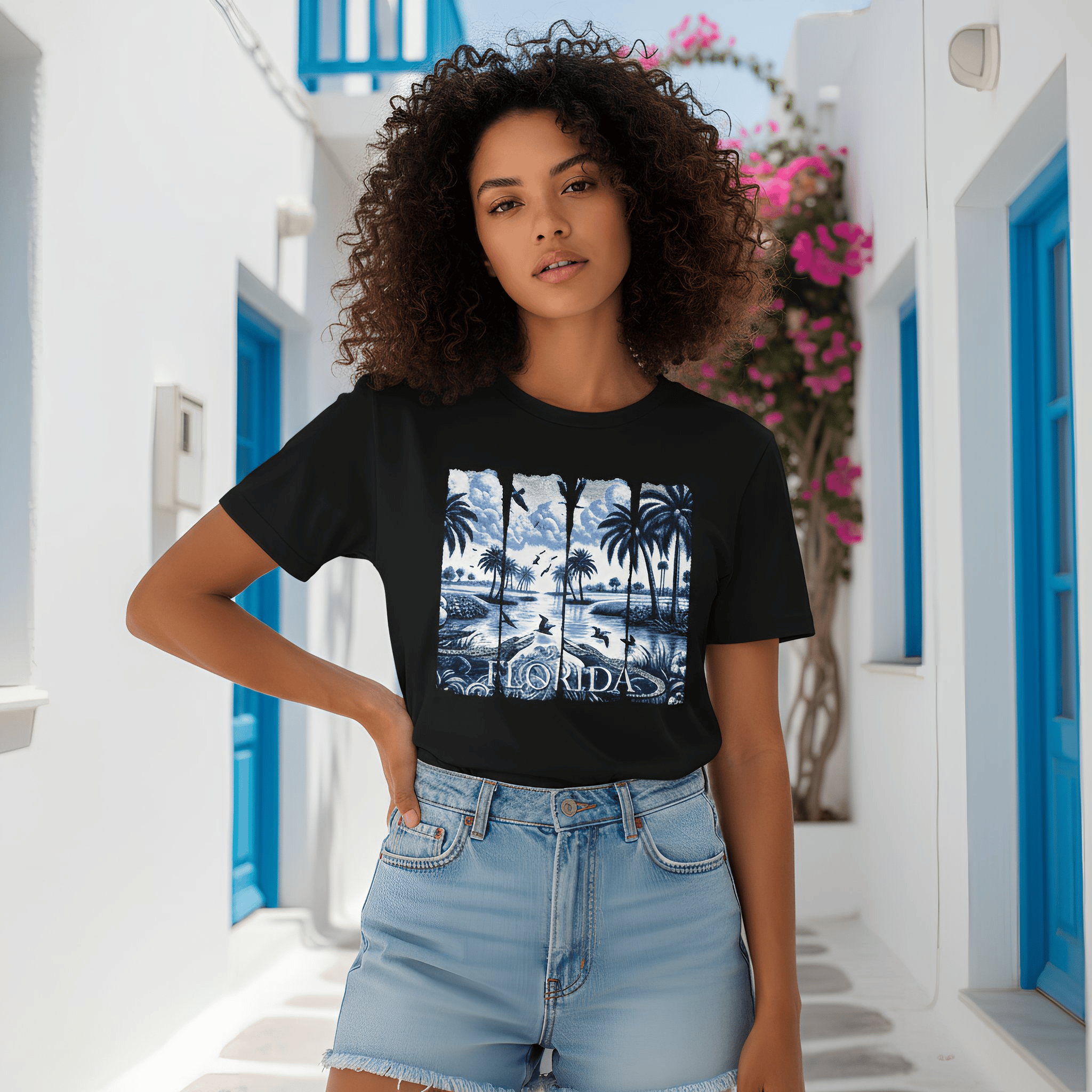 Blue Chinoise Brushstroke garment-dyed cotton t-shirt with relaxed fit and artistic coastal design