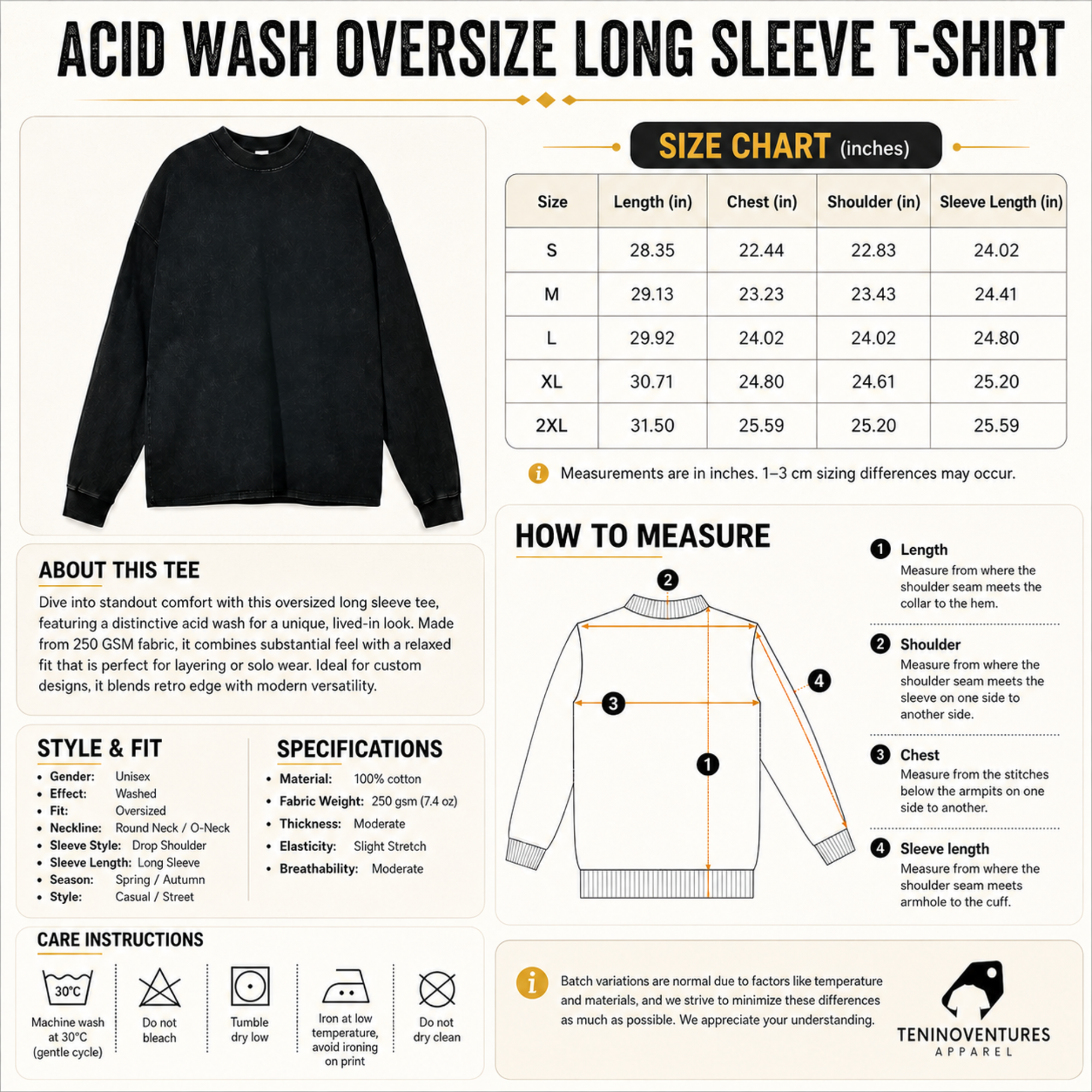 Acid wash oversized unisex long sleeve cotton t-shirt with vintage-inspired design and relaxed fit