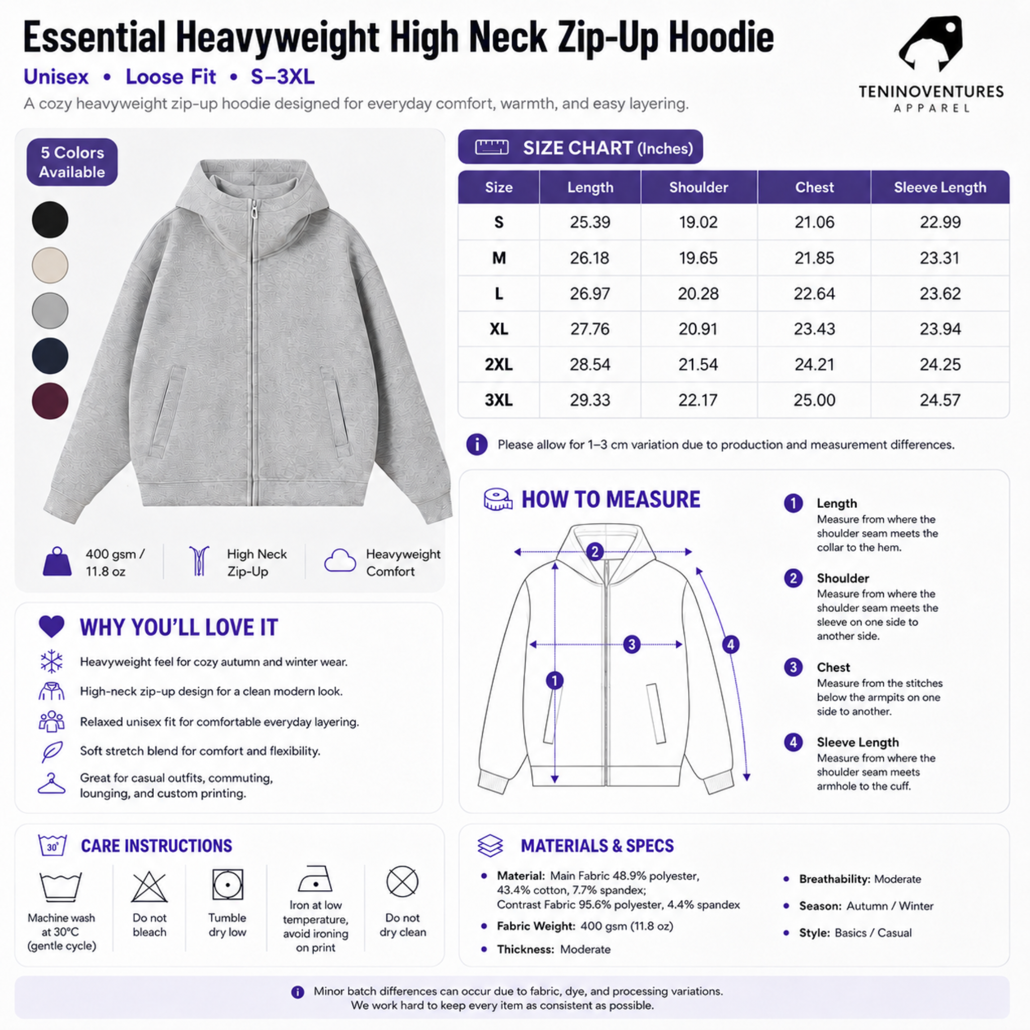 Heavyweight High Neck Zip-Up Hoodie