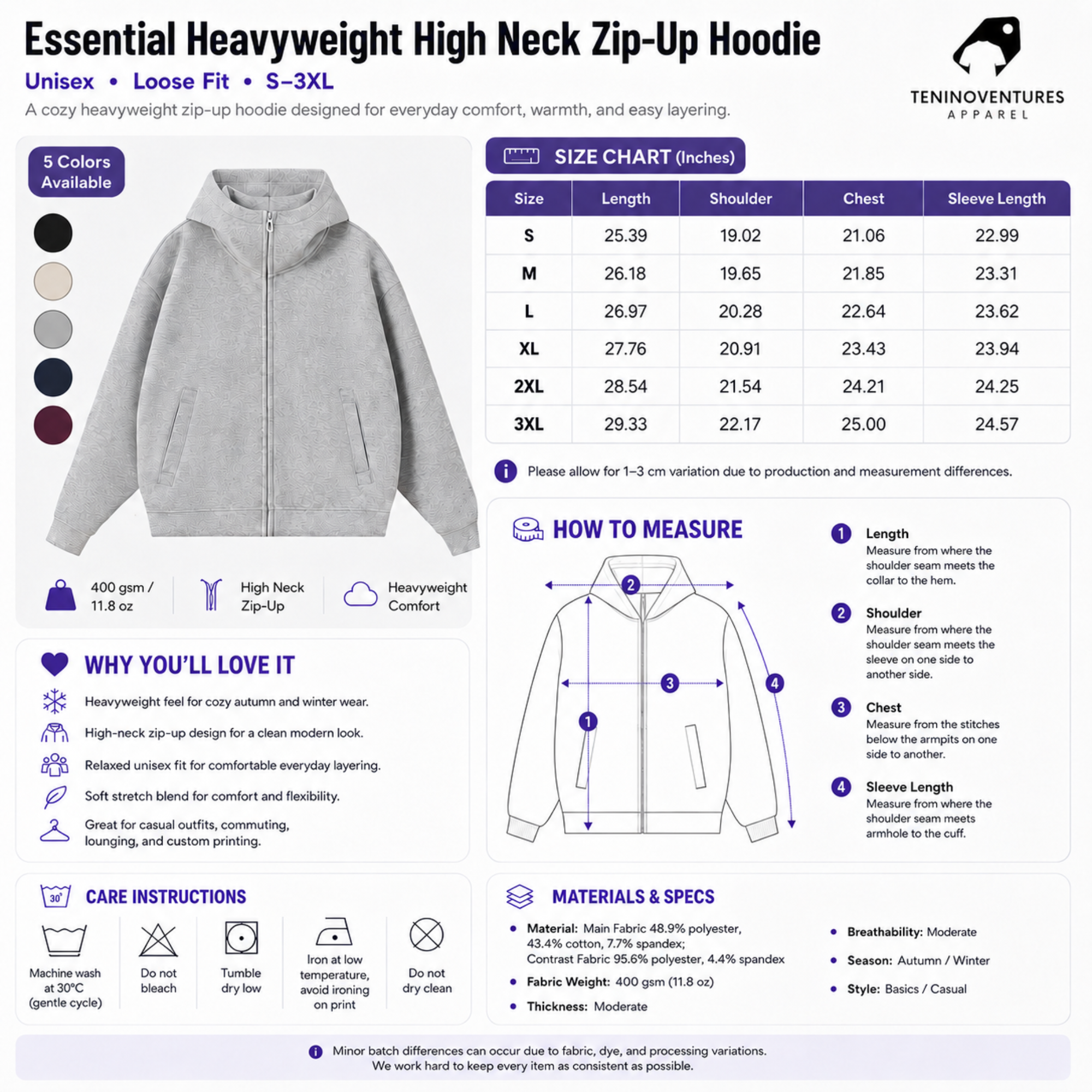 Heavyweight High Neck Zip-Up Hoodie