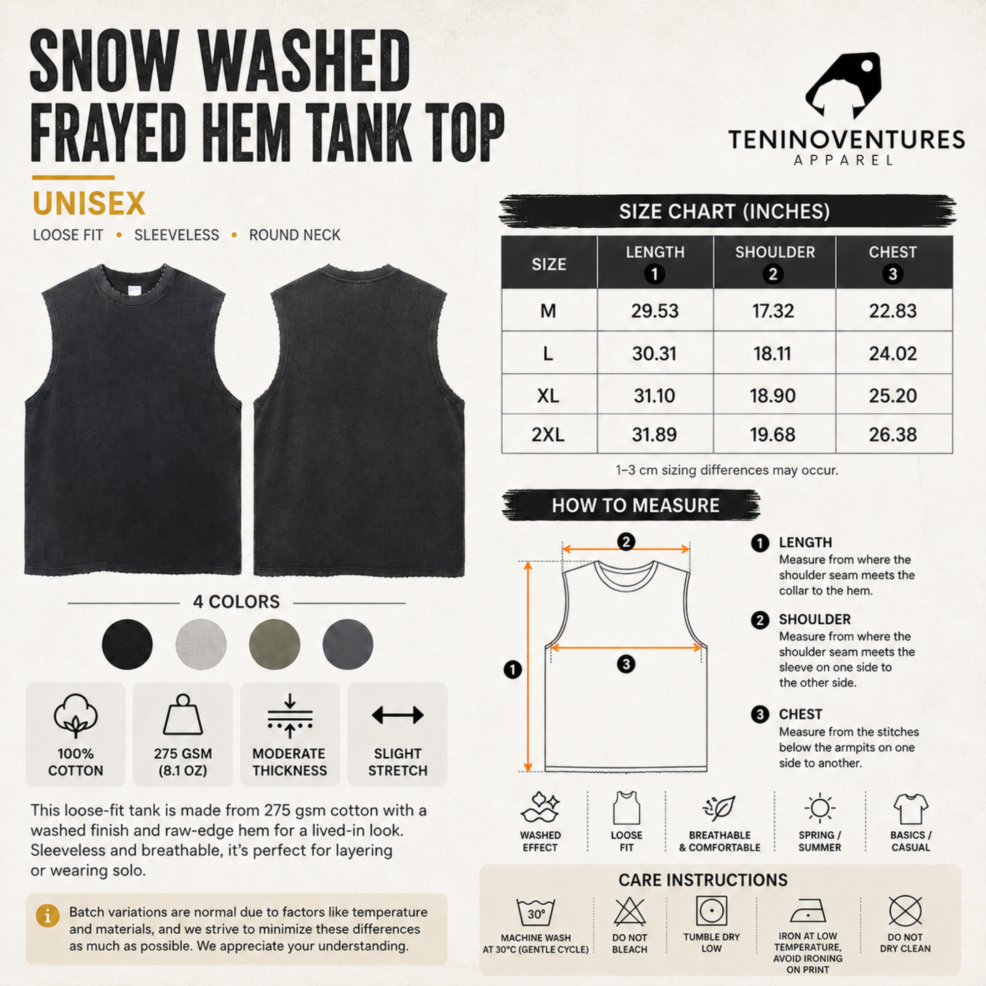 Snow Washed Frayed Hem Tank Top – Unisex Cotton Sleeveless Shirt