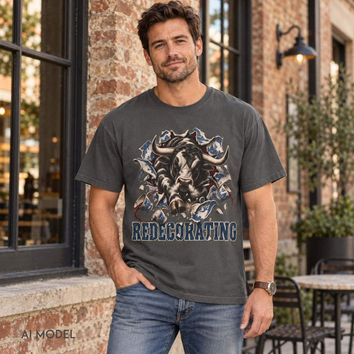 Man wearing a pepper Comfort Colors bull in a china shop shirt with “REDECORATING” lettering and blue jeans outside a brick café.