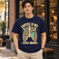 Man wearing a true navy Comfort Colors 1717 skeleton coffee graphic T-shirt with beige chinos outside a café.