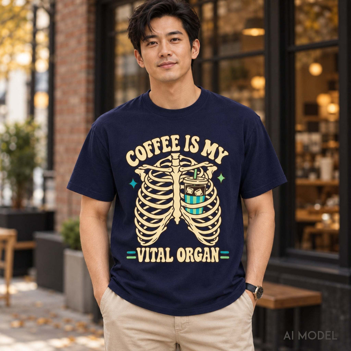 Man wearing a true navy Comfort Colors 1717 skeleton coffee graphic T-shirt with beige chinos outside a café.