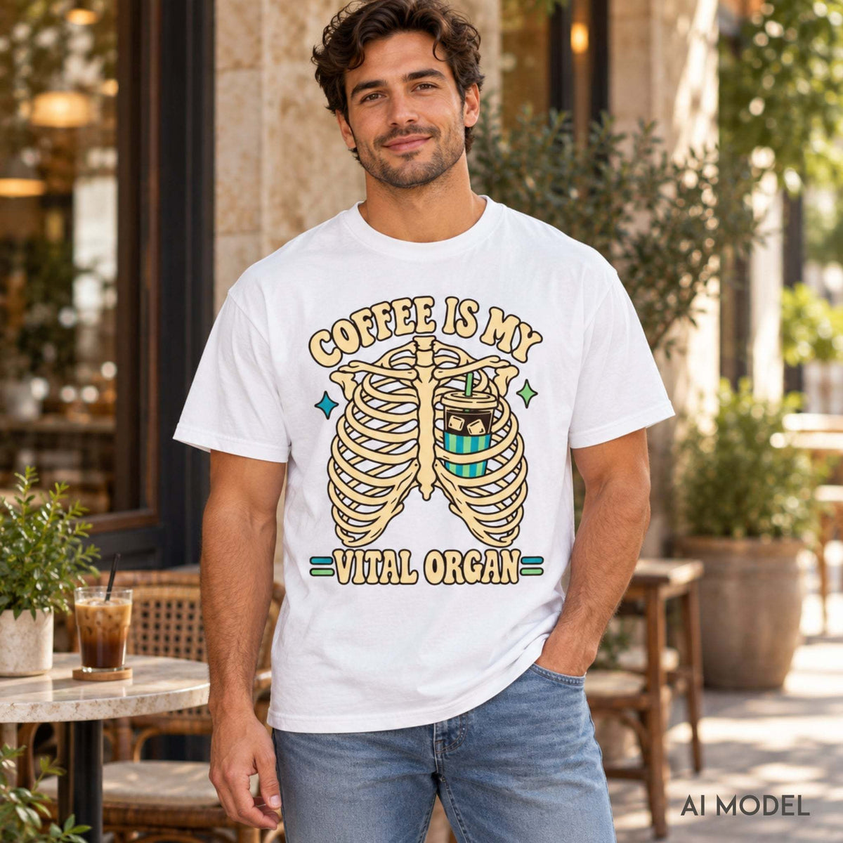 Man wearing a white Comfort Colors 1717 T-shirt with a skeleton ribcage, iced coffee graphic, and “Coffee Is My Vital Organ” text on a café patio.