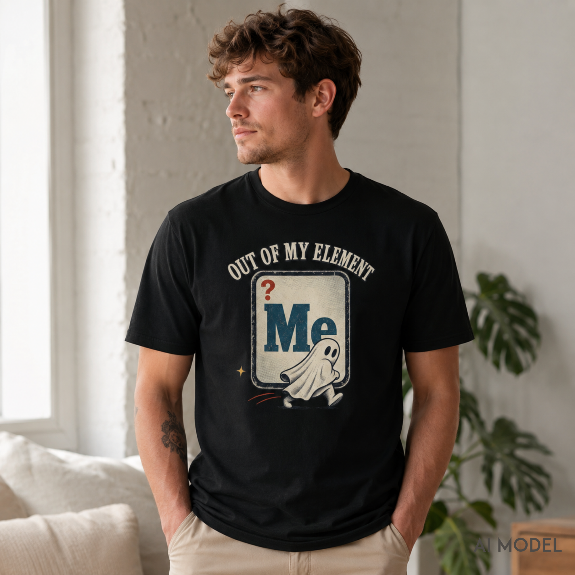 Male model wearing a black “Out of My Element” ghost graphic T-shirt with a vintage periodic table design in a bright modern living room.
