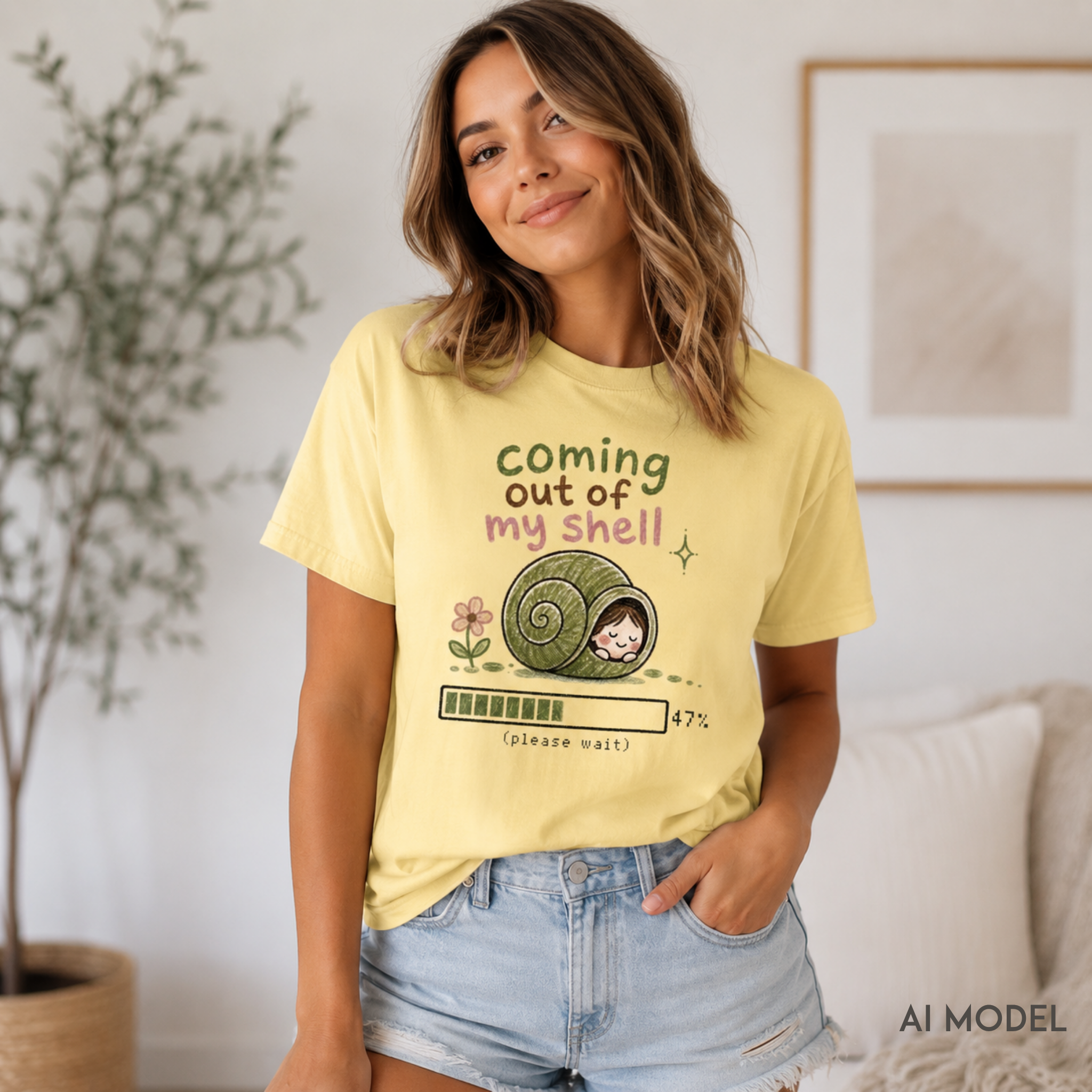     Woman wearing a butter yellow “Coming Out of My Shell” snail graphic T-shirt with denim shorts in a bright, neutral home setting.