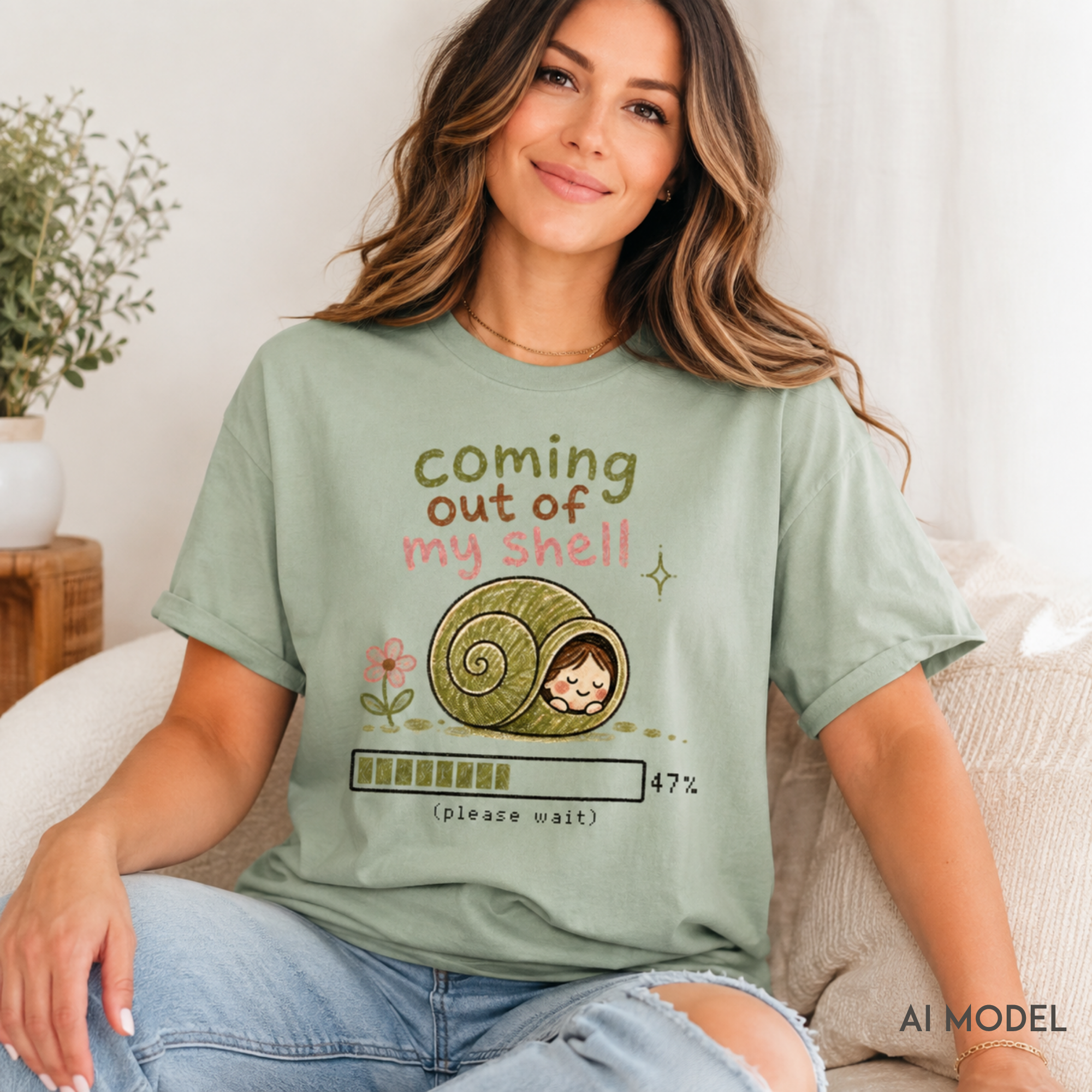 A woman sitting on a couch wearing a bay green graphic t-shirt with a cartoon snail and the text 'coming out of my shell' along with a progress bar graphic. The image has an 'AI MODEL' watermark in the bottom right corner.