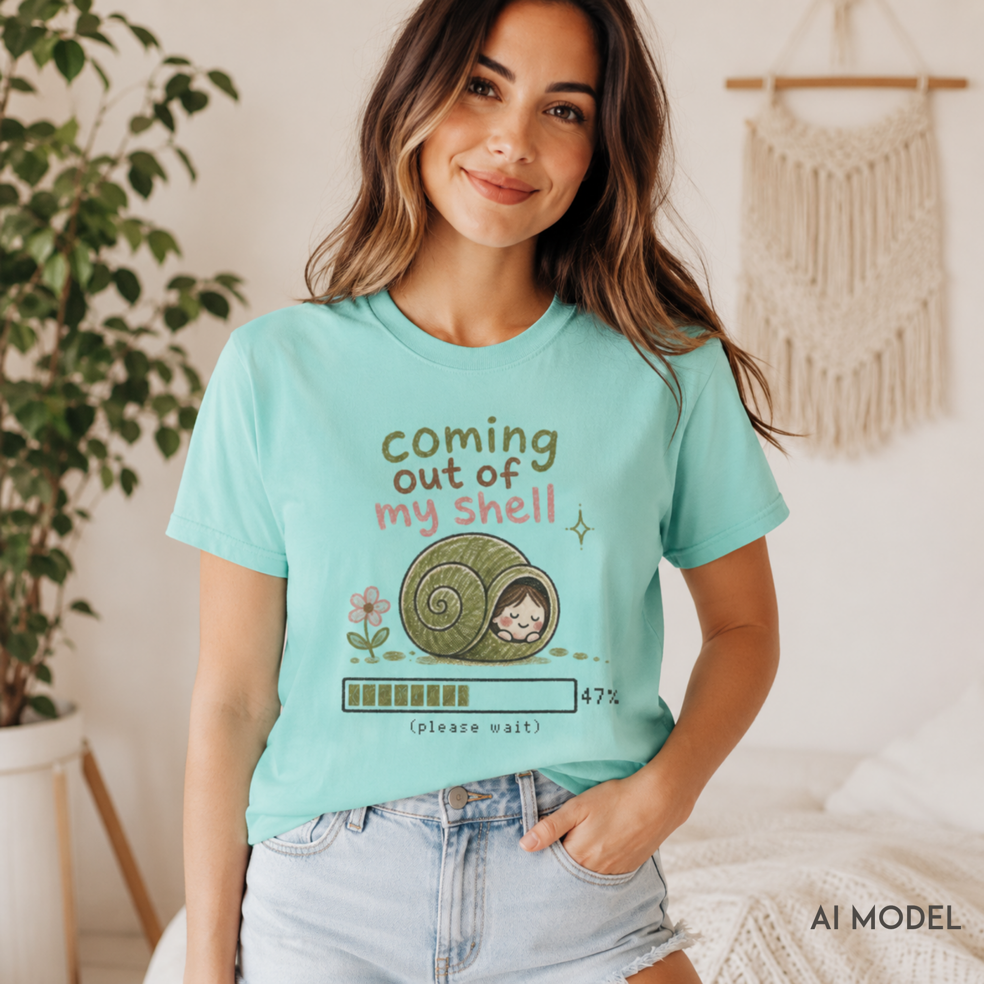     Woman seated in a cozy room wearing a chalky mint “Coming Out of My Shell” snail graphic tee with light-wash jeans.