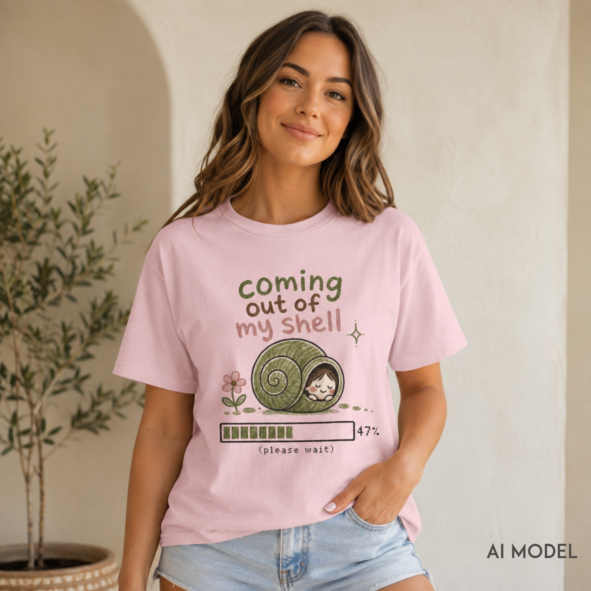     Woman seated in a cozy room wearing a blossom pink “Coming Out of My Shell” snail graphic tee with light-wash jeans.