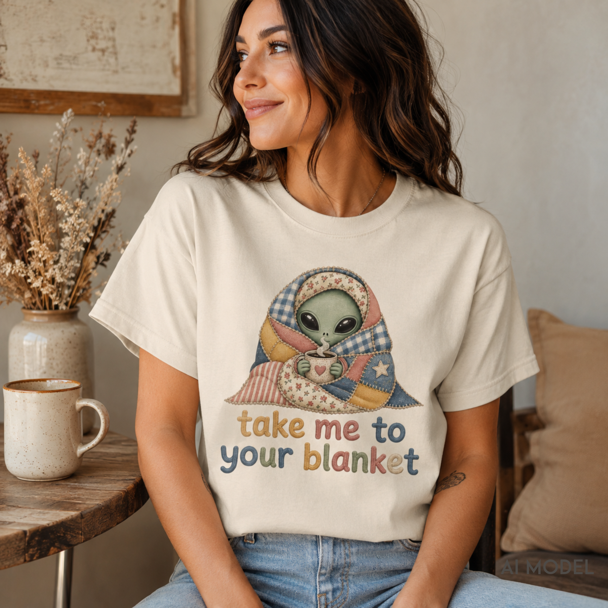 A woman wearing a cream-colored graphic t-shirt with a cartoon alien wrapped in a patchwork blanket and the text 'take me to your blanket' in multicolored letters. She is sitting in a cozy room setting.