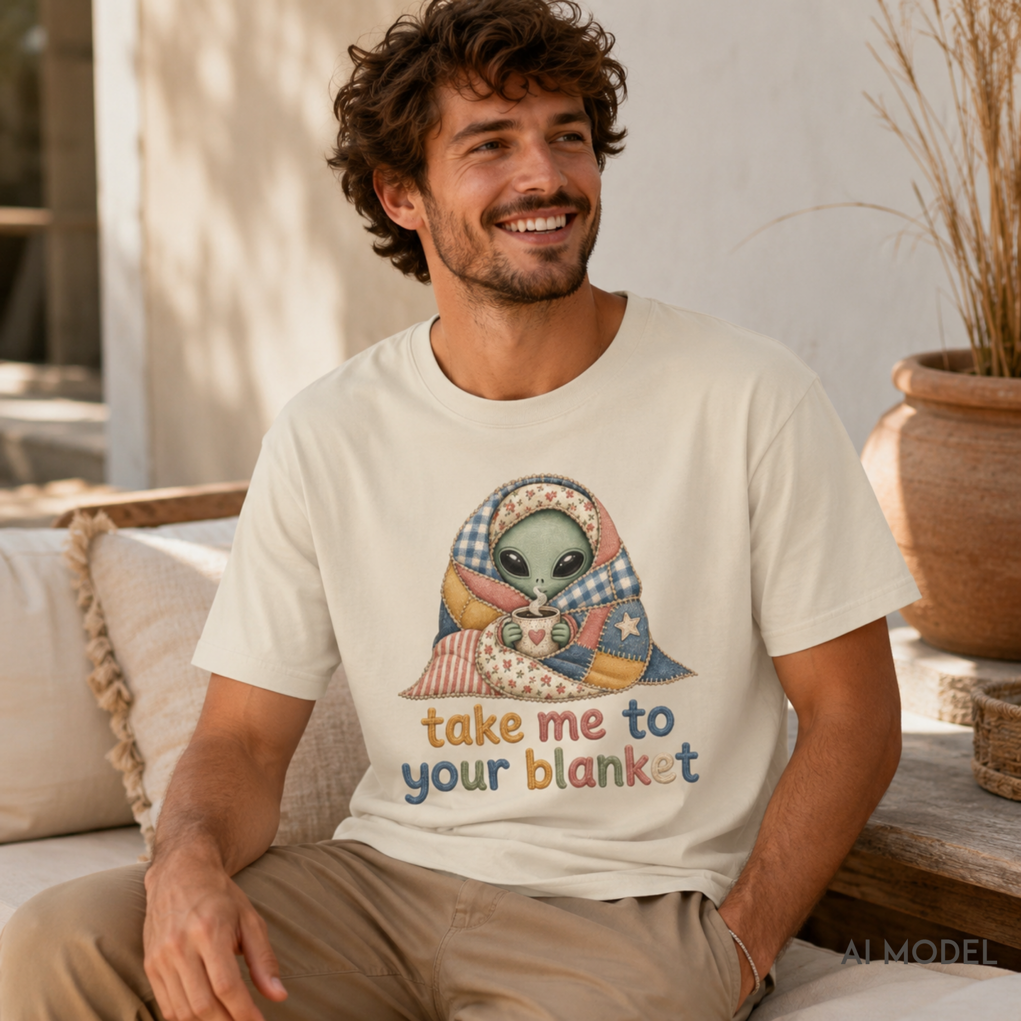 A man wearing a cream-colored graphic t-shirt with a cartoon alien wrapped in a blanket and the text 'take me to your blanket' in colorful letters. The man is sitting on a couch in a warm, sunlit room.