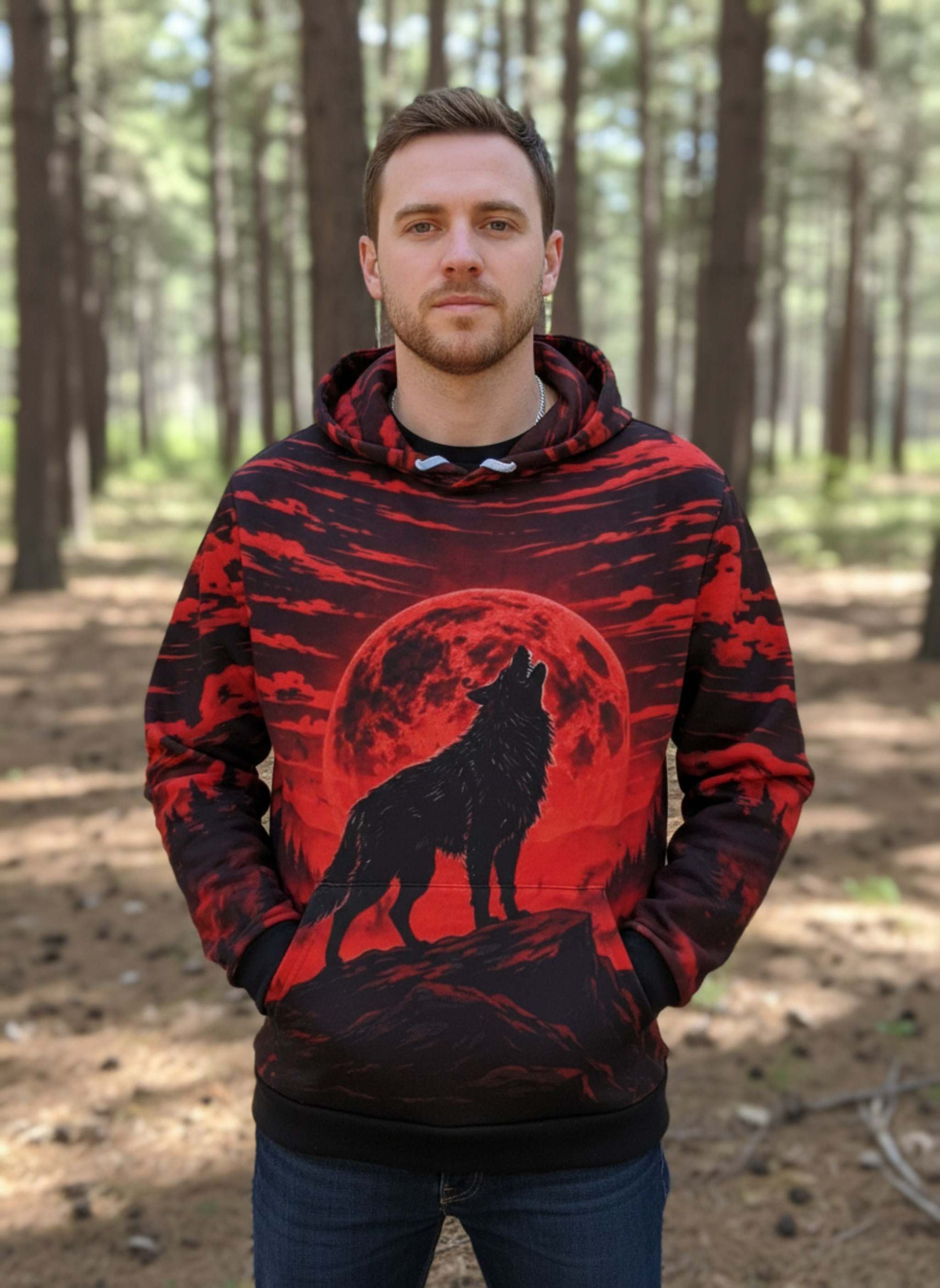 Unisex cotton hoodie with bold all-over wolf print, breathable and comfortable pullover for wolf lovers