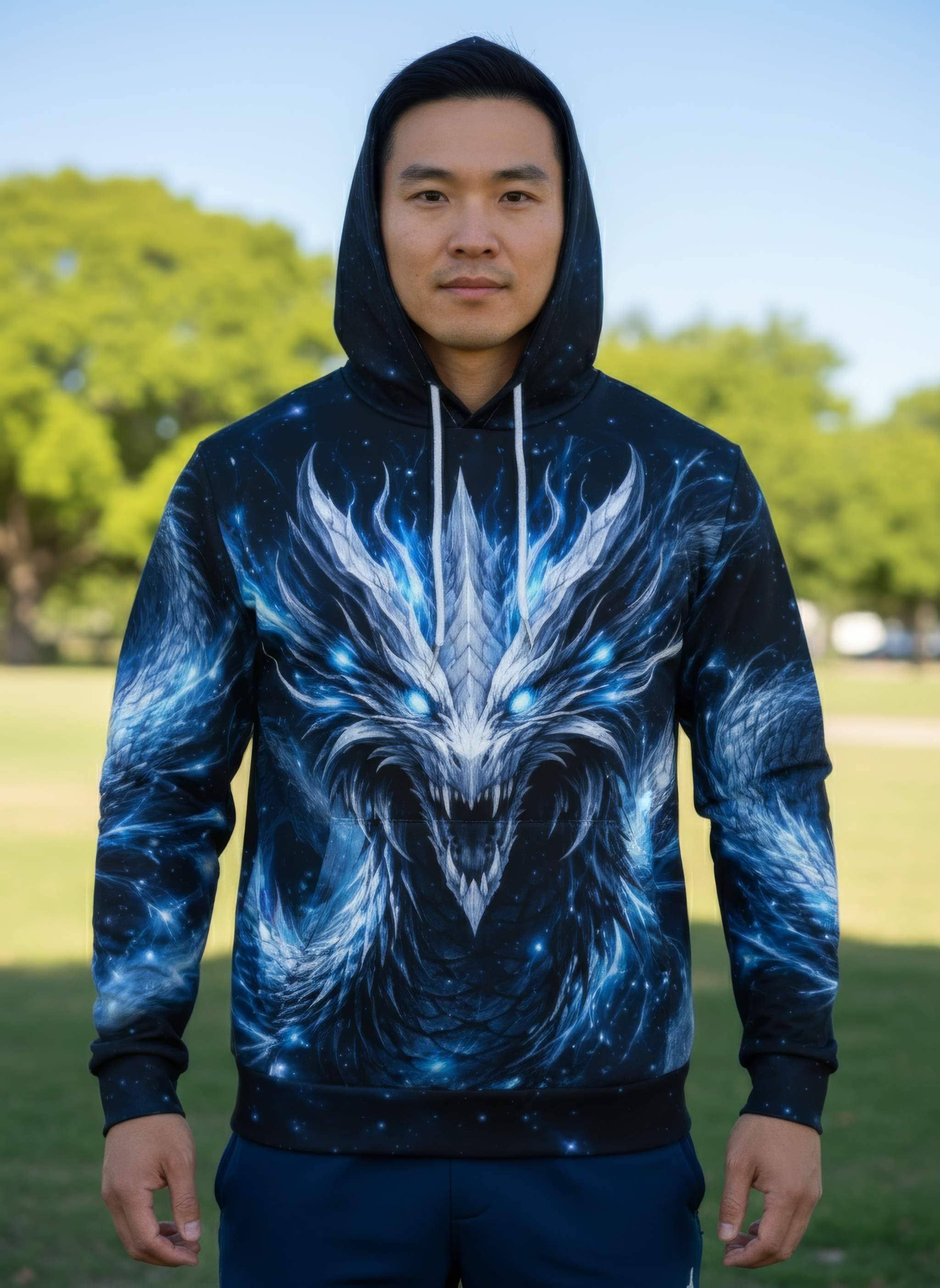 All-over print fantasy dragon hoodie with glowing blue design for men and women