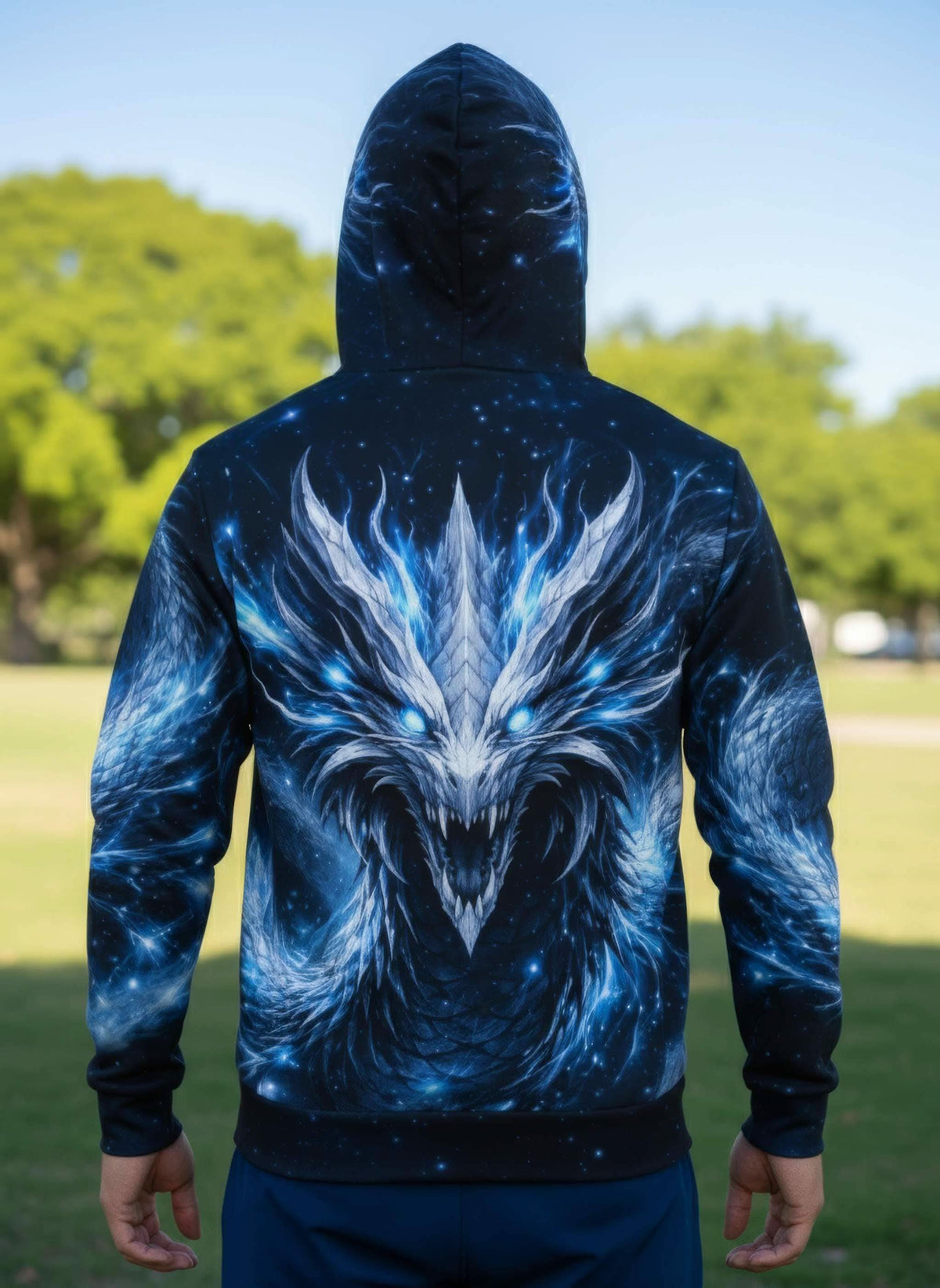 All-over print fantasy dragon hoodie with glowing blue mythical design for men and women