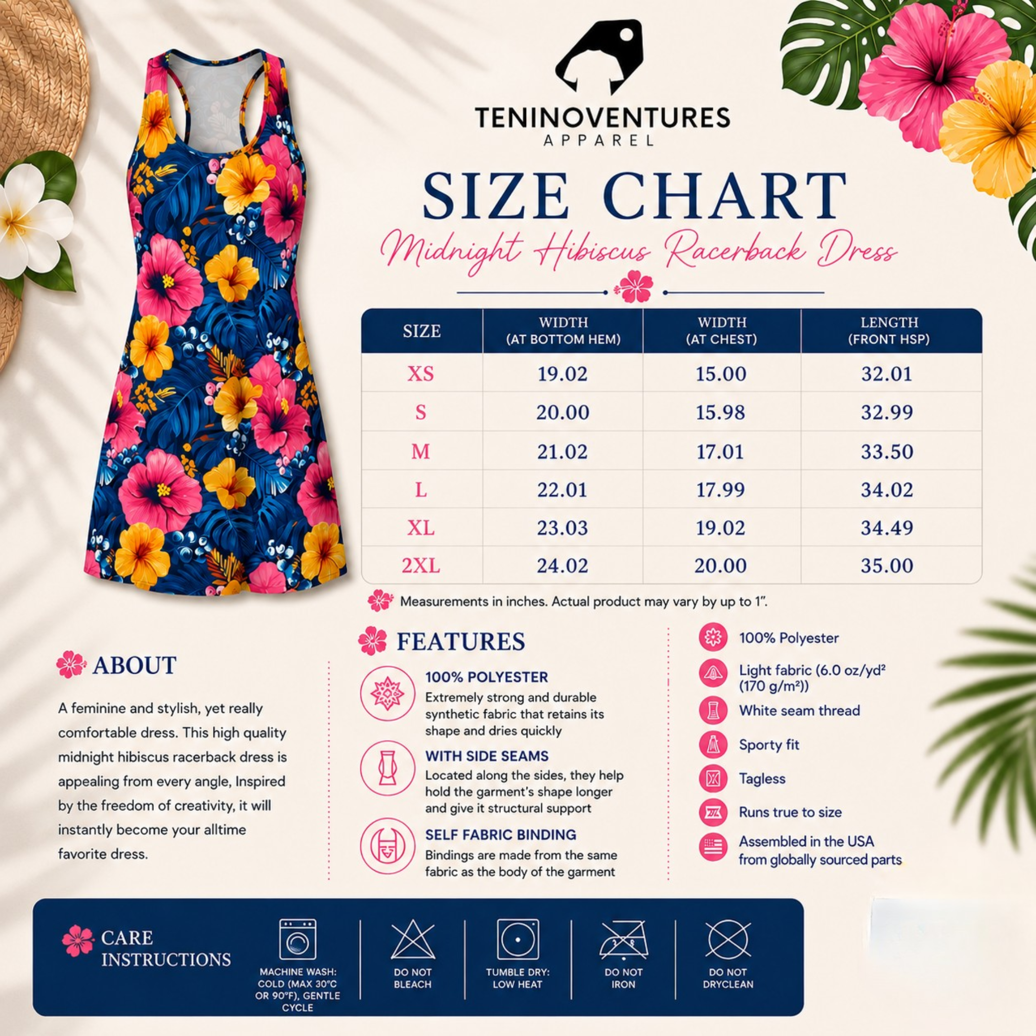 Tropical Hibiscus Floral Racerback Dress | Blue Pink Yellow AOP
