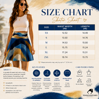 Blue gold abstract wave skater skirt with artistic brushstroke pattern and flared silhouette