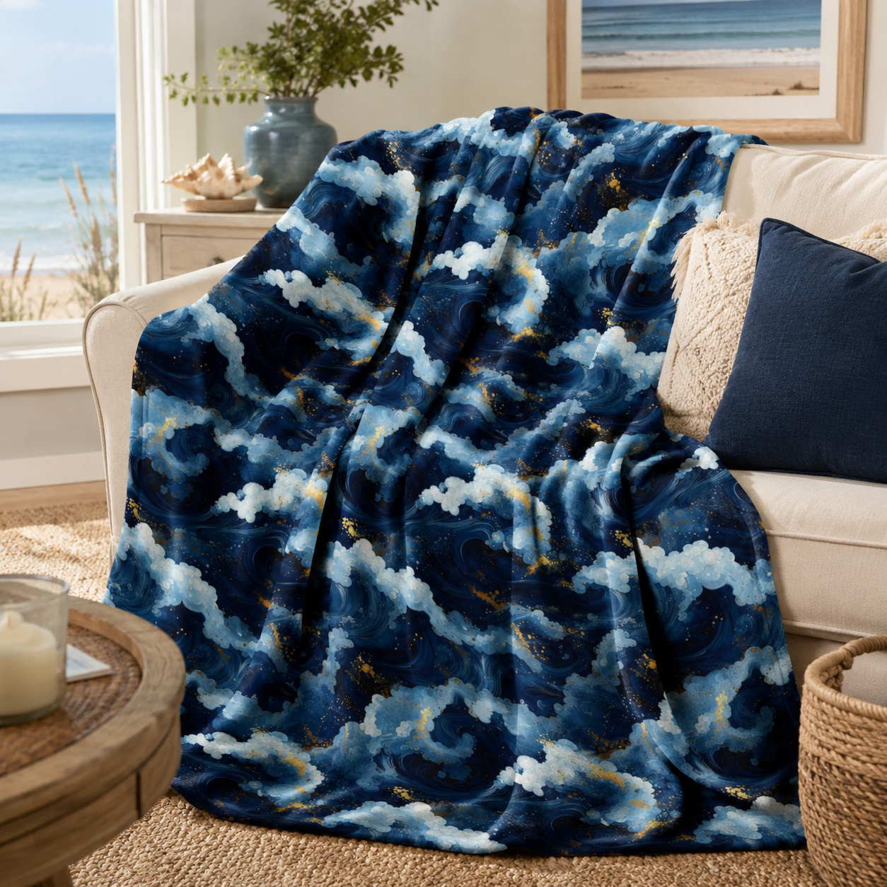 Navy blue velveteen plush blanket with ocean wave pattern and gold moonlight accents