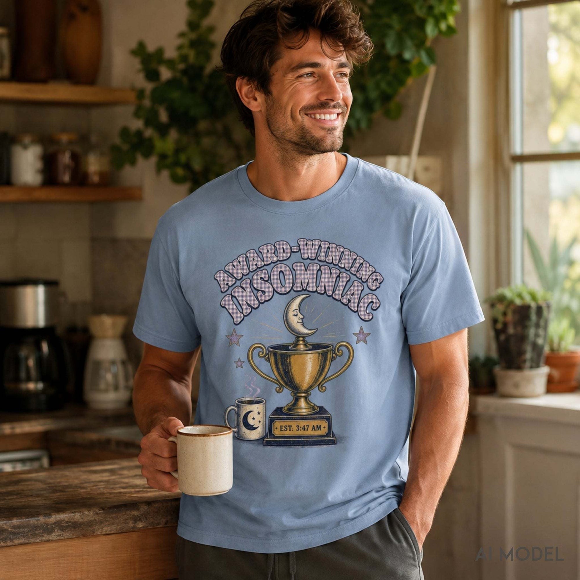 Male model wearing a light blue Award-Winning Insomniac graphic tee featuring a crescent moon, gold trophy and coffee cup while holding a mug.