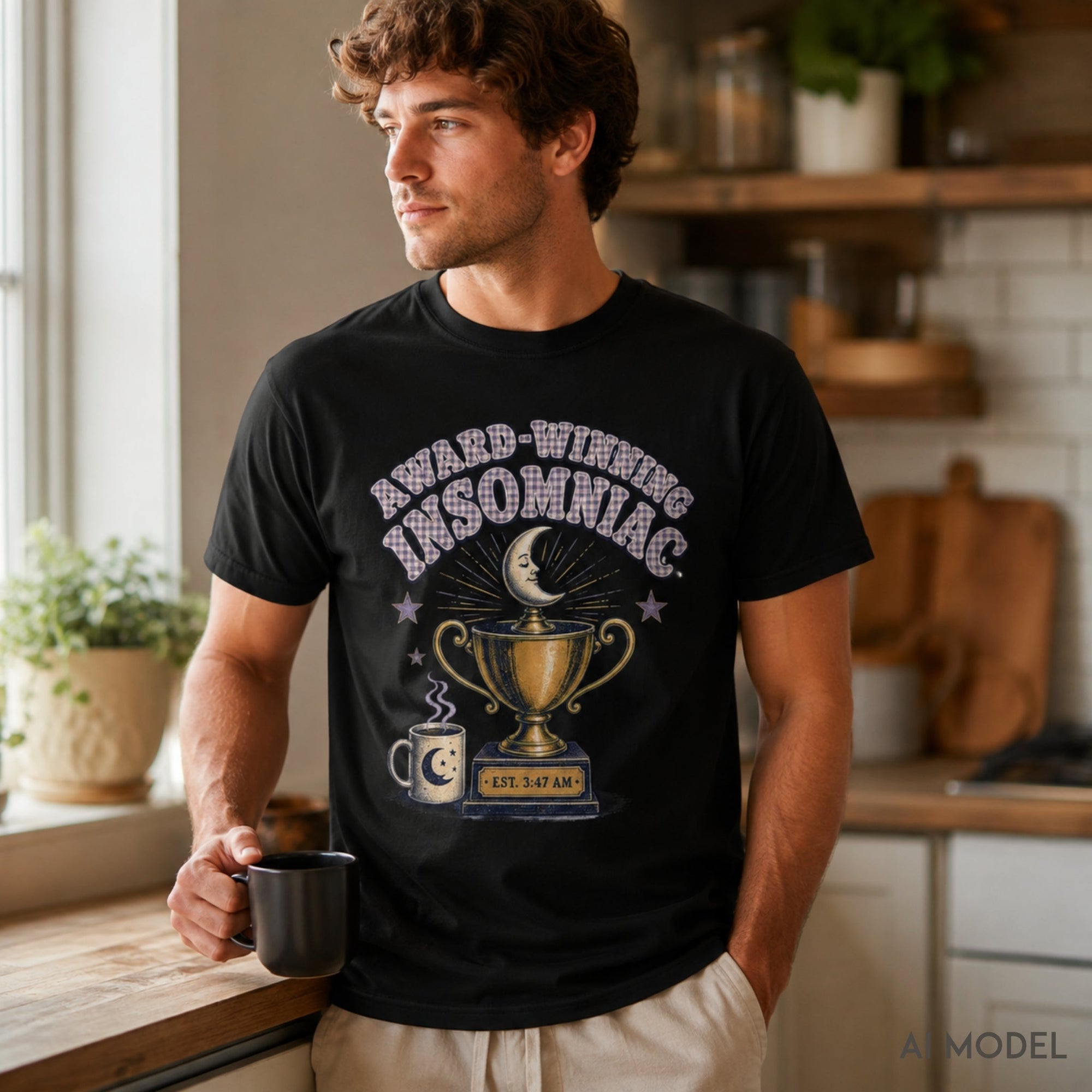 Male model wearing a black Award-Winning Insomniac T-shirt featuring a vintage crescent moon, coffee mug and trophy graphic in a cozy kitchen.