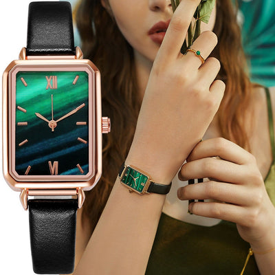 Retro green peacock rectangular dial watch with black PU strap and rose gold case