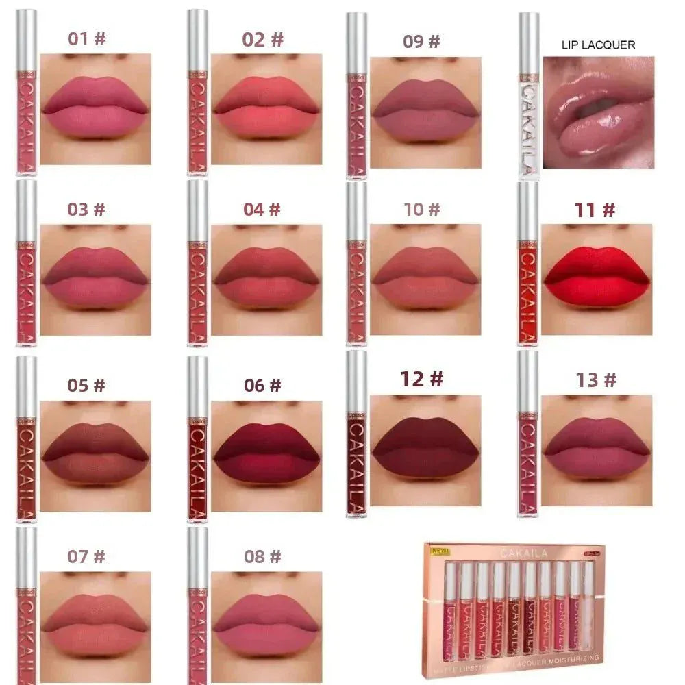 10-piece nude matte lip gloss set with smooth velvet texture and long-lasting waterproof formula