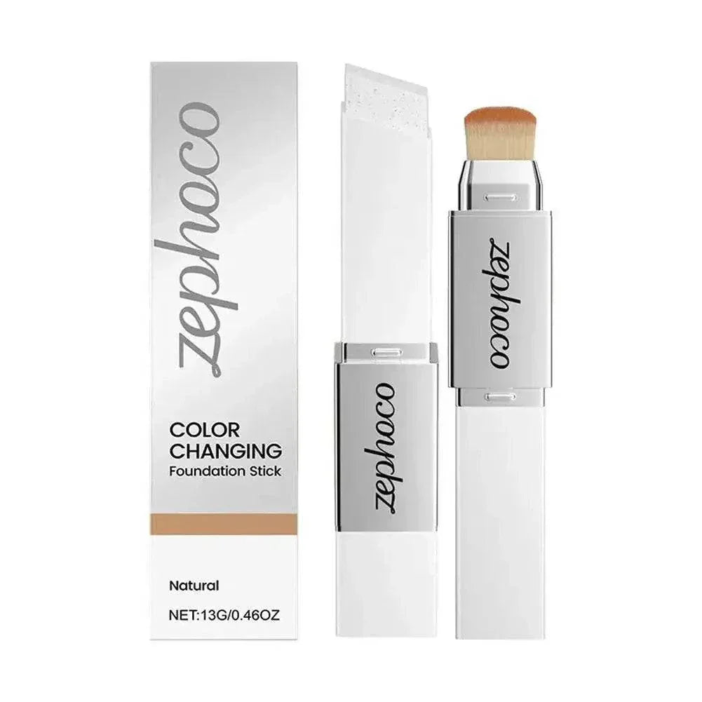 Two-in-one color-changing foundation stick blending foundation and concealer for natural, seamless coverage