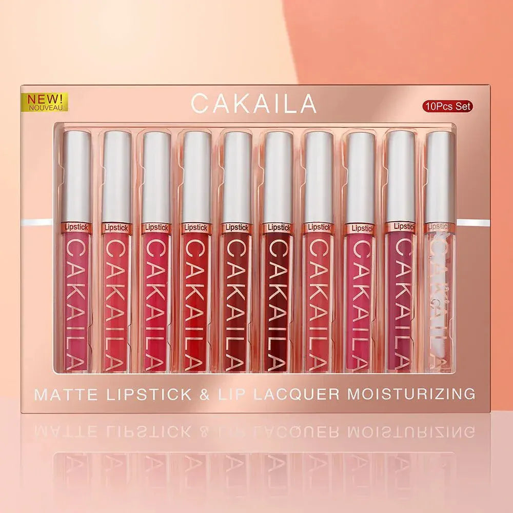 10-piece nude matte lip gloss set with smooth velvet texture and long-lasting waterproof formula