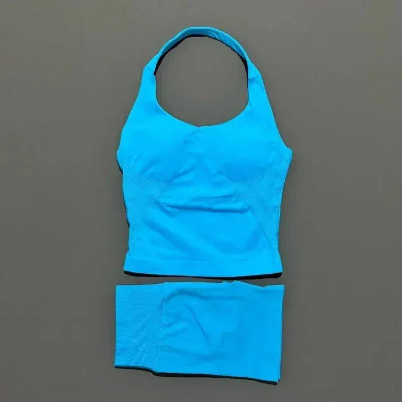 2 Pcs HISTELLO seamless halter top and shorts yoga workout set for women