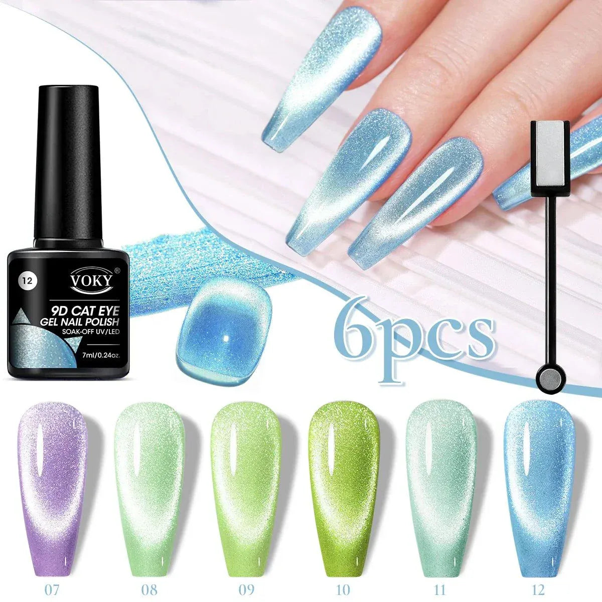 6-piece Glitter Cat Magnetic cat eye gel polish set with holographic sparkle and long-lasting shine