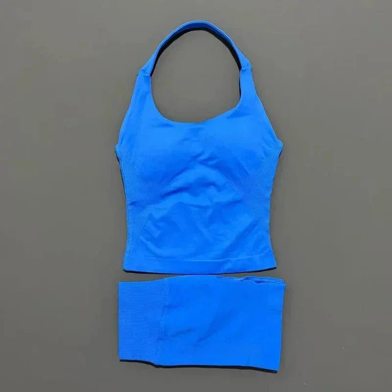 Women wearing seamless HISTERLLO Halter Top and shorts set for yoga workout