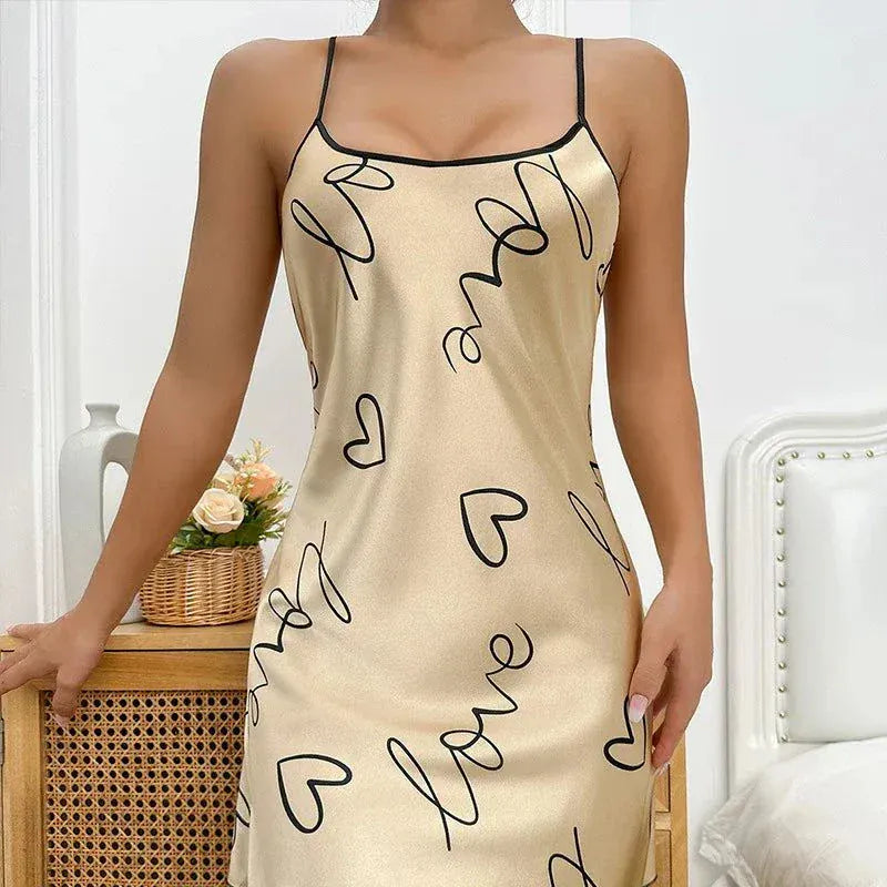 Women’s Valentine’s Day ice silk suspender pajama skirt in soft breathable fabric with romantic printed design