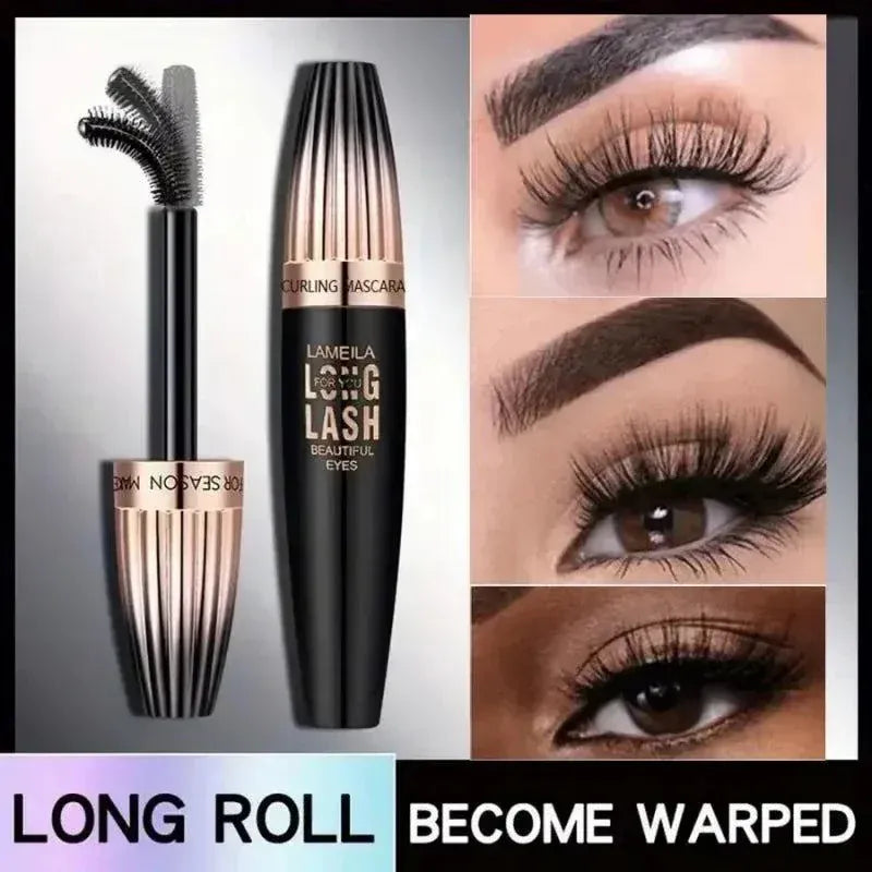 Waterproof 4D Volumizing Mascara tube with bold lashes, thickened and lengthened, showcasing long-lasting, smudge-proof wear.
