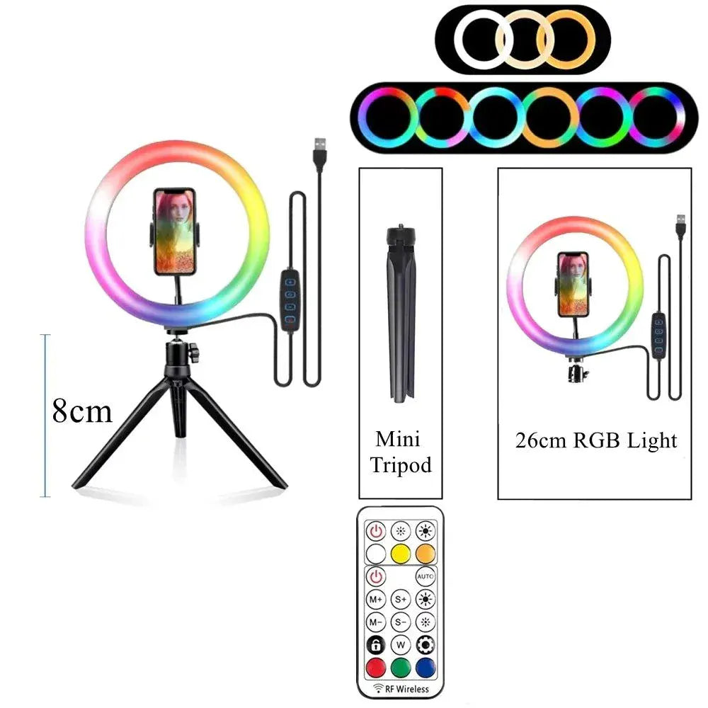RGB LED ring light with remote control for adjustable brightness and color modes, ideal for content creators and vloggers