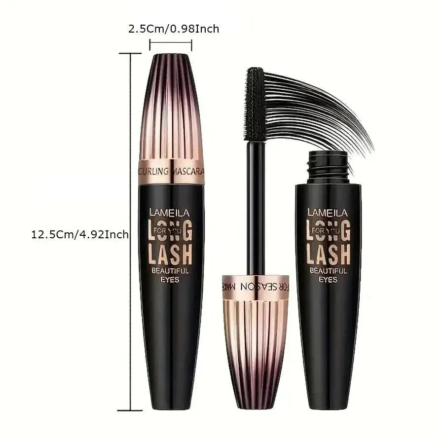Waterproof 4D Volumizing Mascara tube with brush, showcasing bold, thick, curled lashes