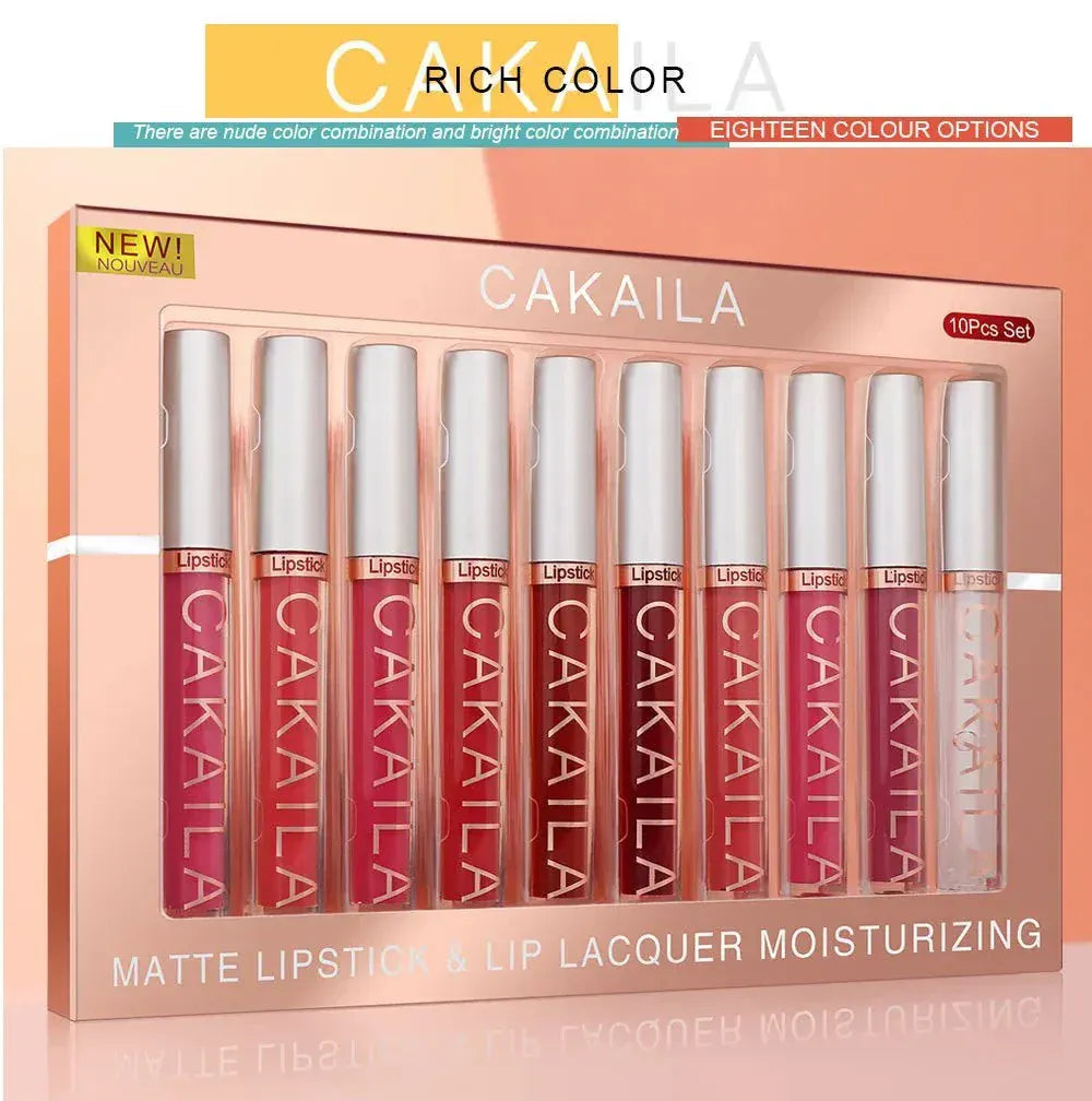 10-Piece Nude Matte Lip Gloss Set with smooth velvet texture and long-lasting waterproof formula