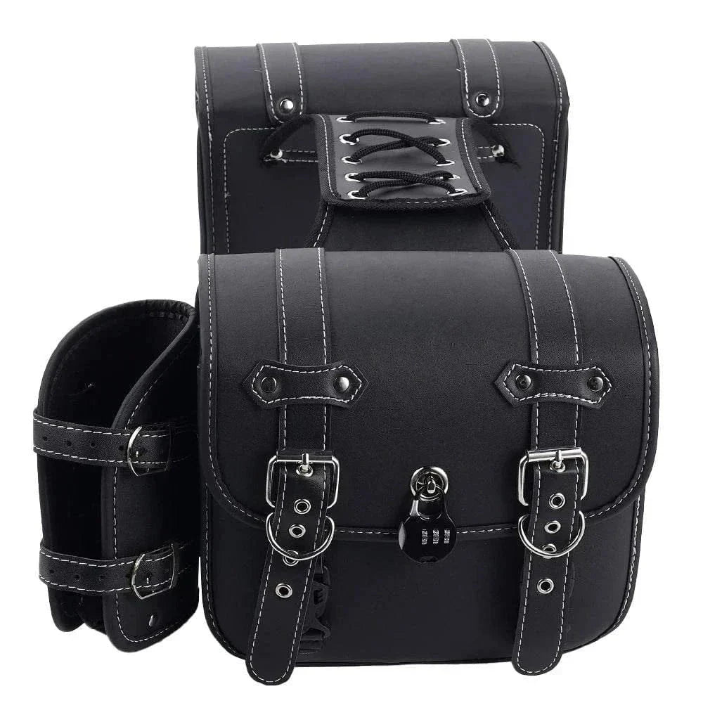 Black large Motorcycle SaddleBag attached to a Harley-Davidson bike for side storage