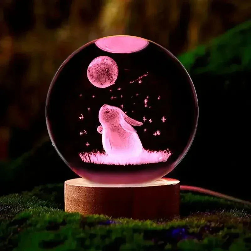 3D Rabbit Moon Crystal Ball  -  Carved Glass Night Light for Decor.