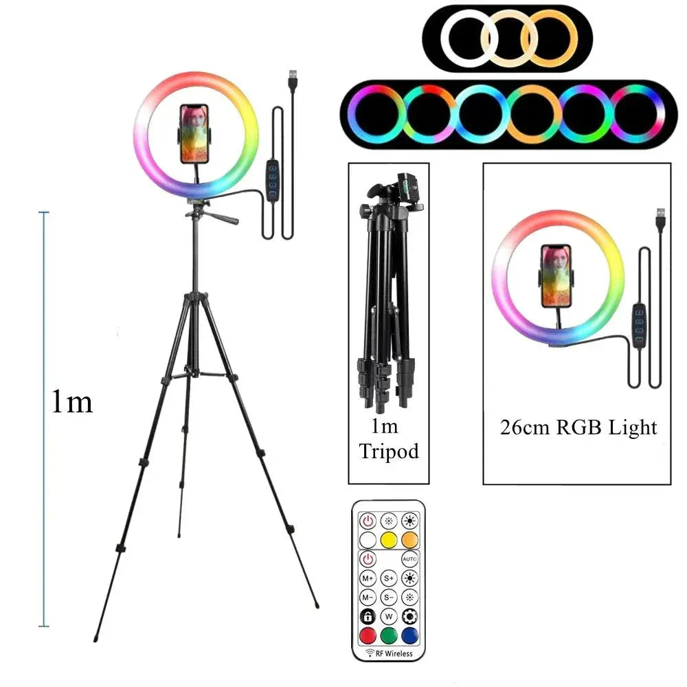 RGB Ring Light with remote control for adjustable brightness and color modes, perfect for content creators and smartphone use