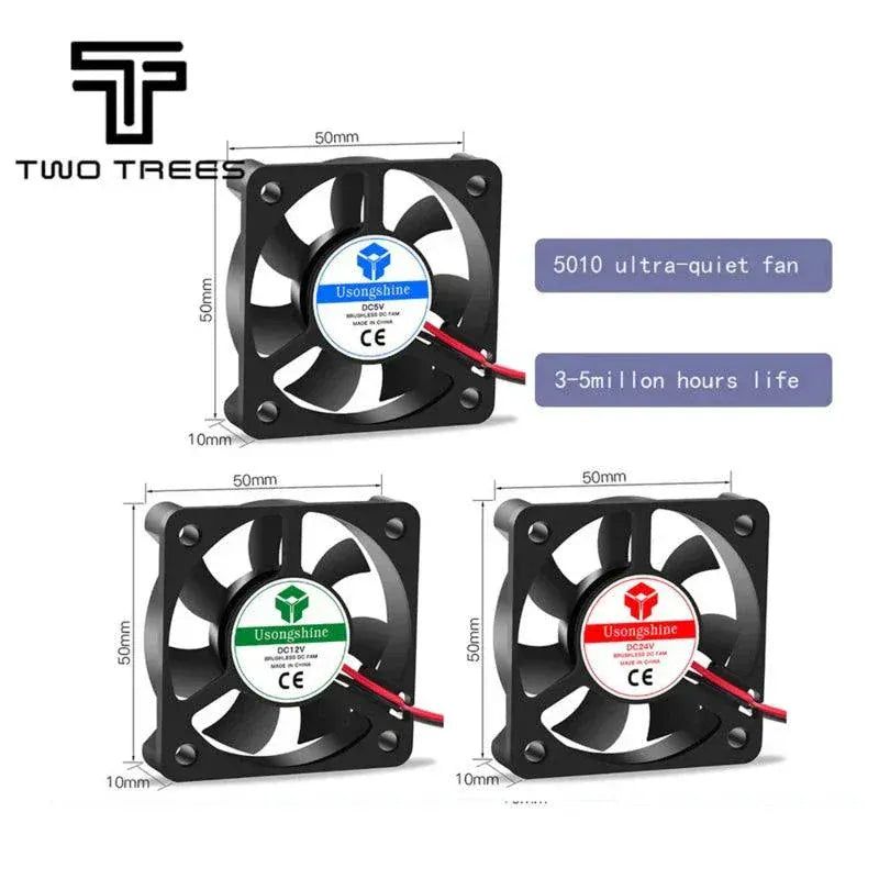 Close-up of 3D printer cooling fan with black blades and frame designed for efficient airflow and quiet operation