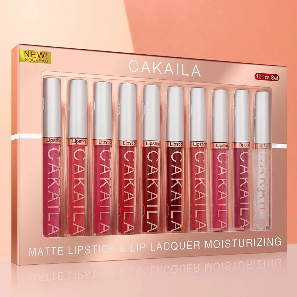 10-piece nude matte lip gloss set with smooth velvet texture and long-lasting waterproof formula