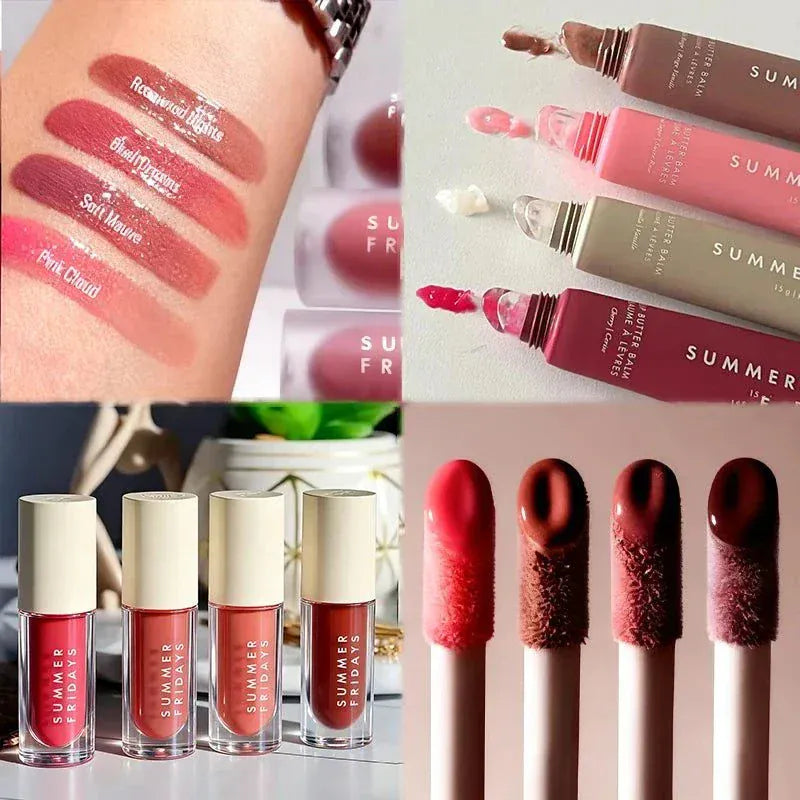 Summer Fridays Lip Balm moisturizing lip gloss shades Pink Cloud, Soft Mauve, Differently, Rosewood Heights with creamy texture and vanilla pink sugar coffee cake scent
