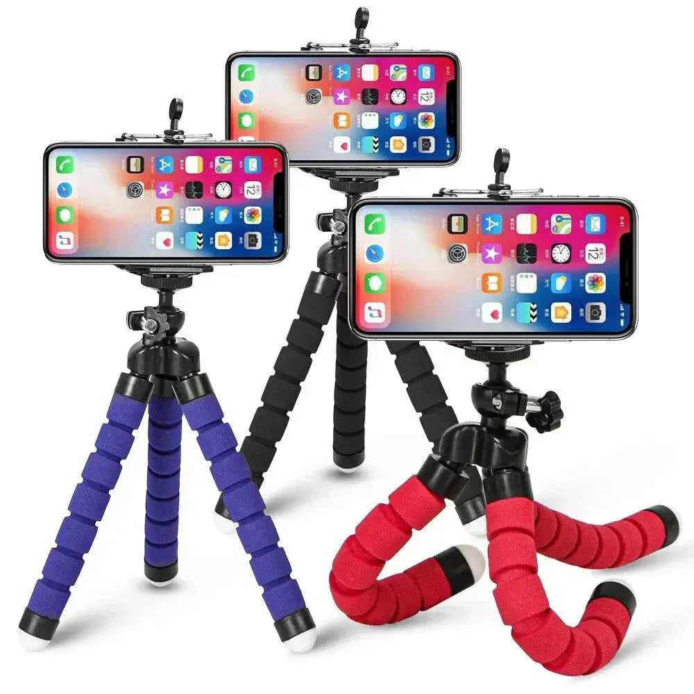 Mini tripod with flexible legs and phone holder clip for mobile photography and video recording