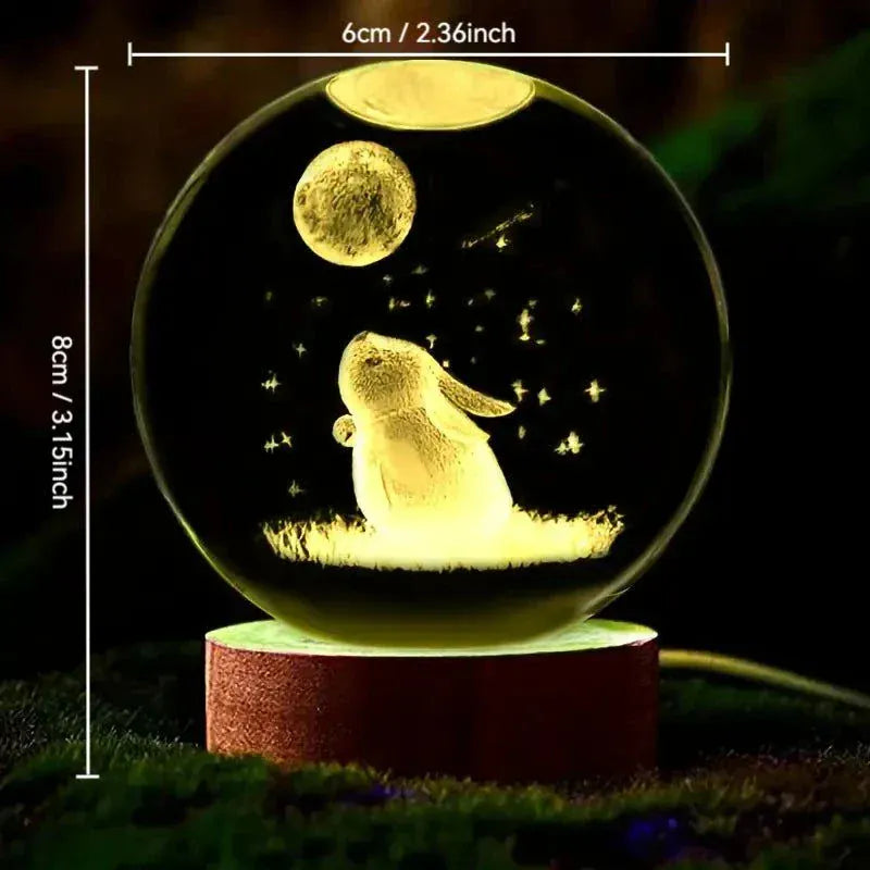 3D Rabbit Moon Crystal Ball  -  Carved Glass Night Light for Decor.