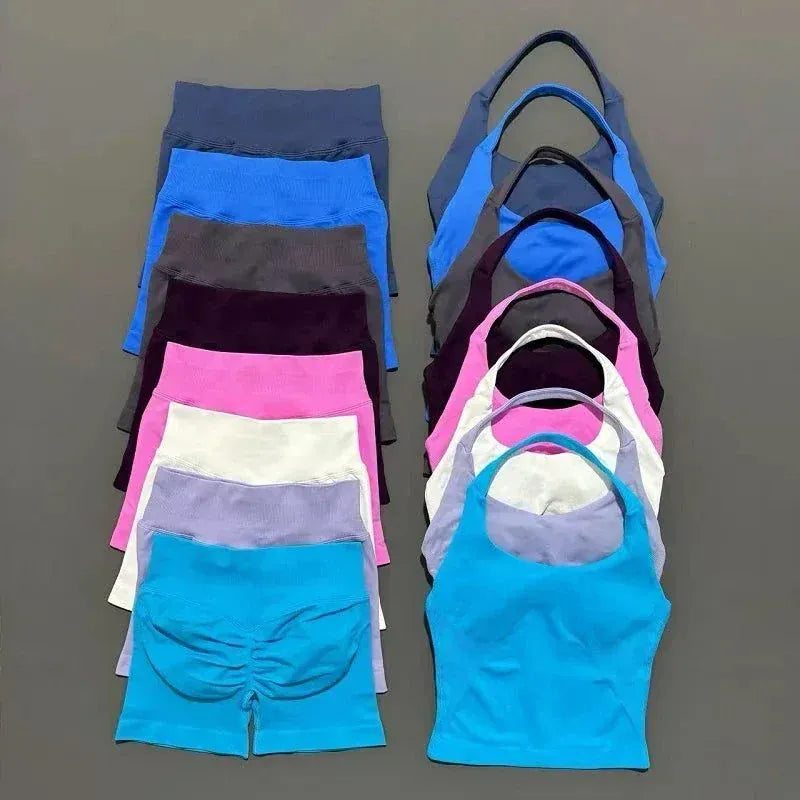 2 Pcs HISTELLO Halter Top and Shorts Seamless Yoga Workout Set for Women