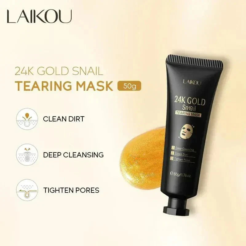 24K Gold Snail Collagen Peel-Off Mask bottle with gold flakes and snail collagen essence for glowing skin