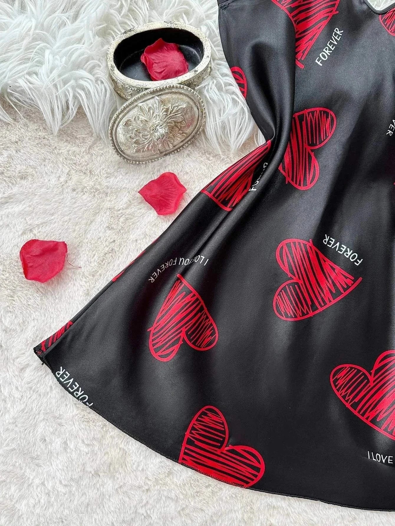 Valentines Day Red Lip Print Satin Slip Nightdress - Women's Sleepwear