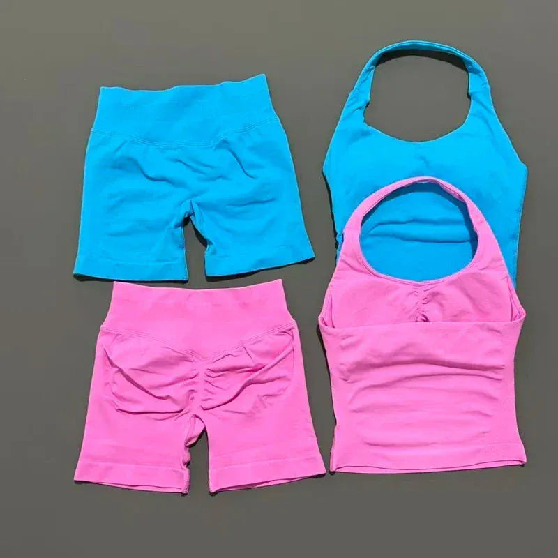 2 Pcs HISTELLO Halter Top and Shorts Seamless Yoga Workout Set for Women
