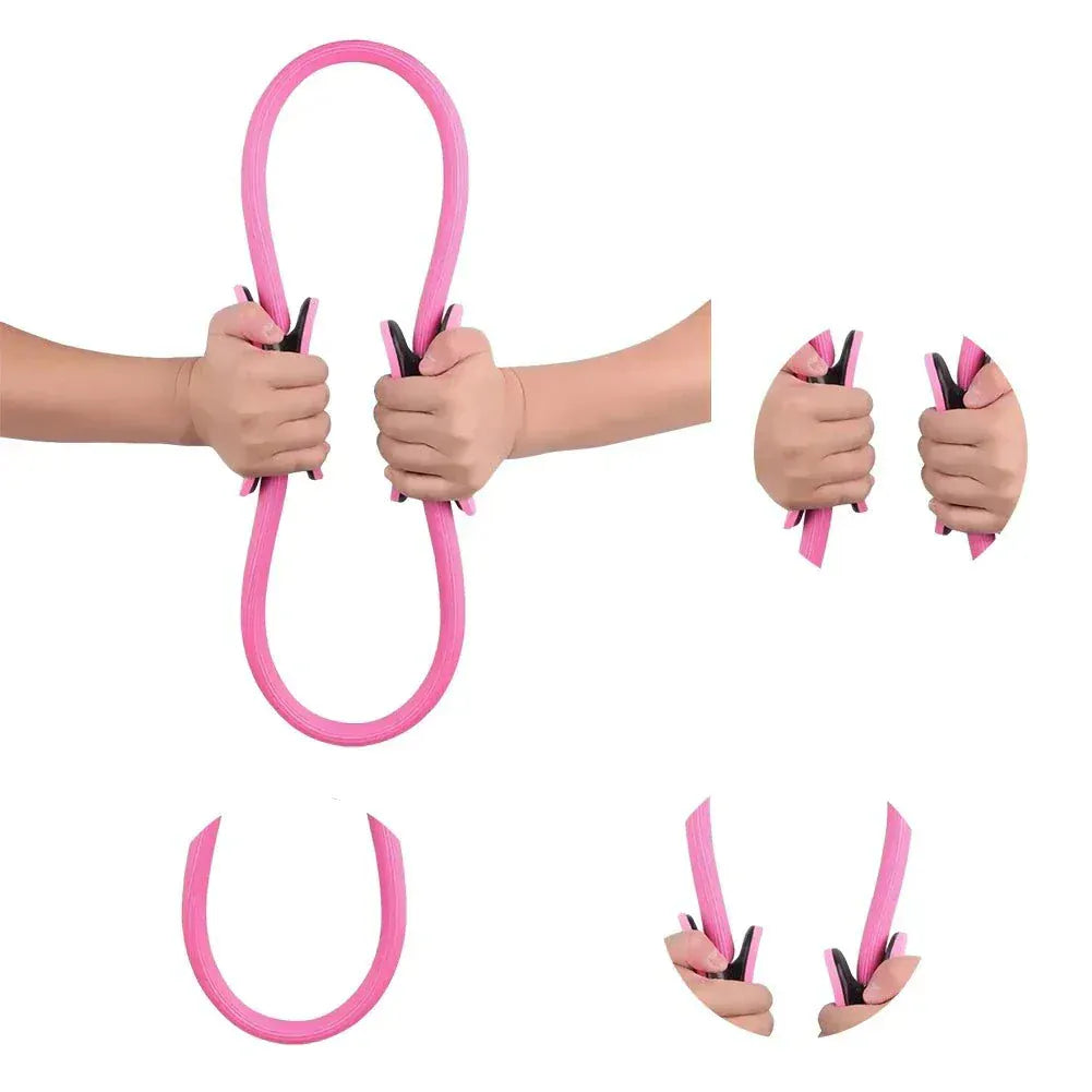 Pink yoga fitness ring with non-slip handles for Pilates and resistance exercise